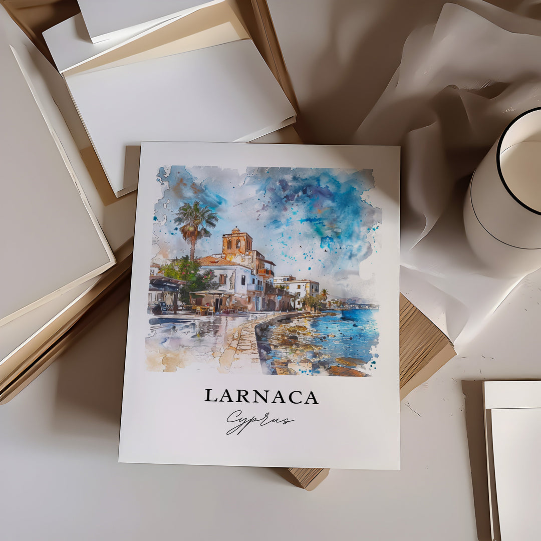 Larnaca Wall Art, Larnaca Print, Larnaca Cyprus Watercolor, Finikoudes Beach Cyprus Gift,