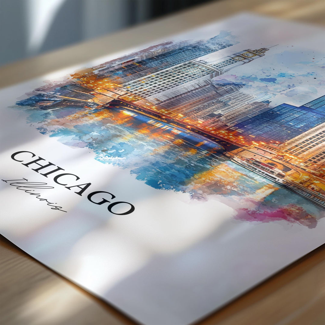 Chicago IL Wall Art, Chicago Skyline Print, Chicago River Watercolor Art, Chicago Gift, Travel Print, Travel Poster, Housewarming Gift