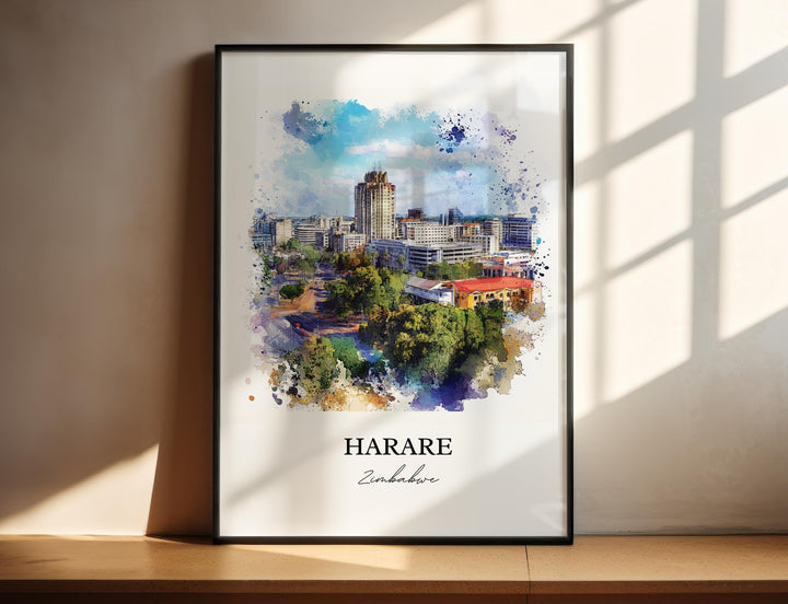 Harare Wall Art, Harare Print, Zimbabwe Watercolor Art, Harare Zimbabwe Gift, Travel Print, Travel Poster, Housewarming Gift