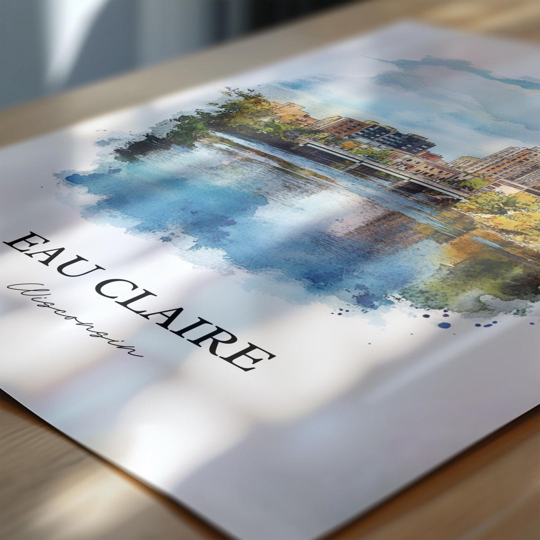 Eau Claire Wall Art, Eau Claire WI Print, Wisconsin Watercolor Art, Eau Claire WI Gift, Travel Print, Travel Poster, Housewarming Gift