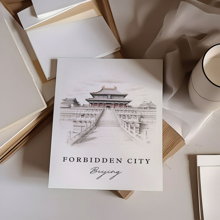 The Forbidden City China art - Beijing, Forbidden City sketch art, Beijing Wedding gift, Birthday present, Custom Text, Perfect Gift