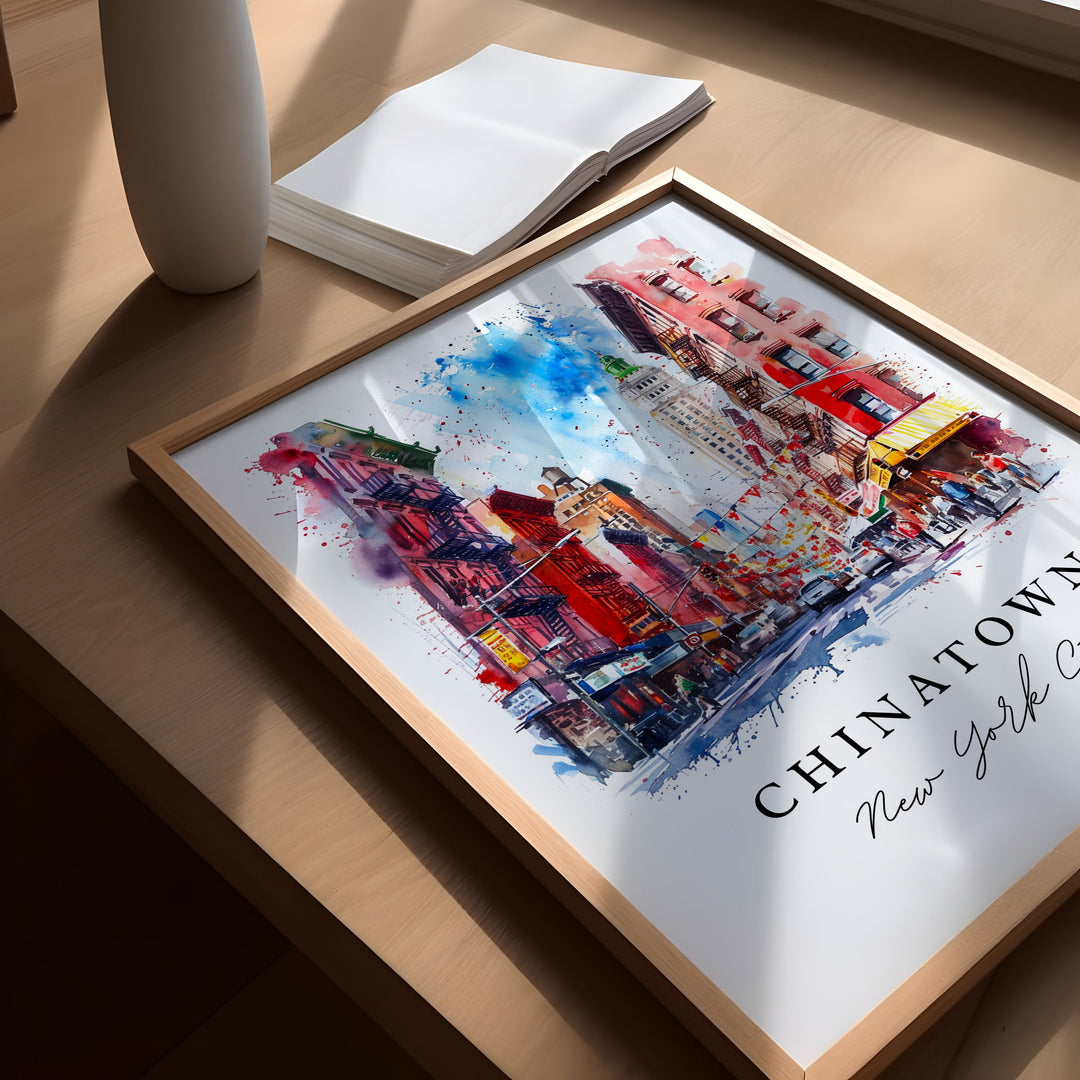 Chinatown NYC watercolor travel art - downtown Manhattan, Chinatown print, Wedding gift, Birthday present, Custom Text, Perfect Gift