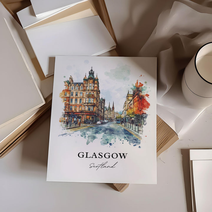 Glasgow Wall Art, Glasgow Scotland Print, Scotland Watercolor Art, Glasgow Scotland Gift, Travel Print, Travel Poster, Housewarming Gift