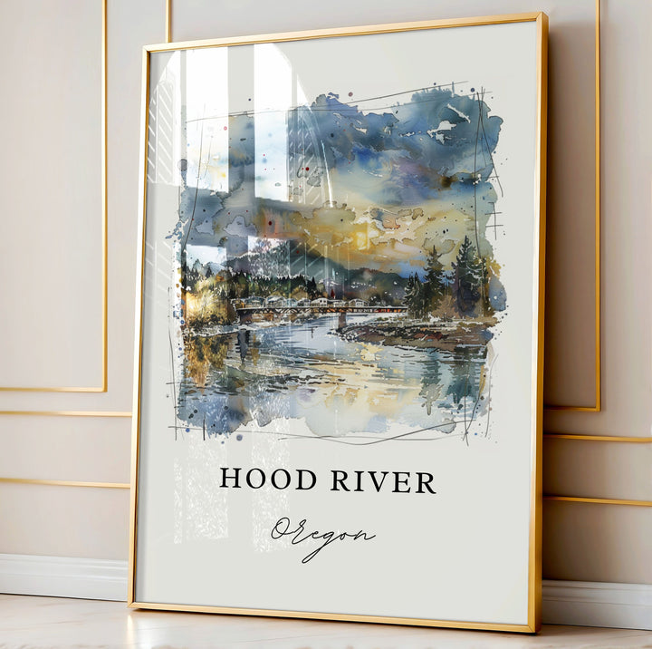 Hood River Oregon Art, Hood River OR Print, Hood River Watercolor Art, Hood River OR Gift,