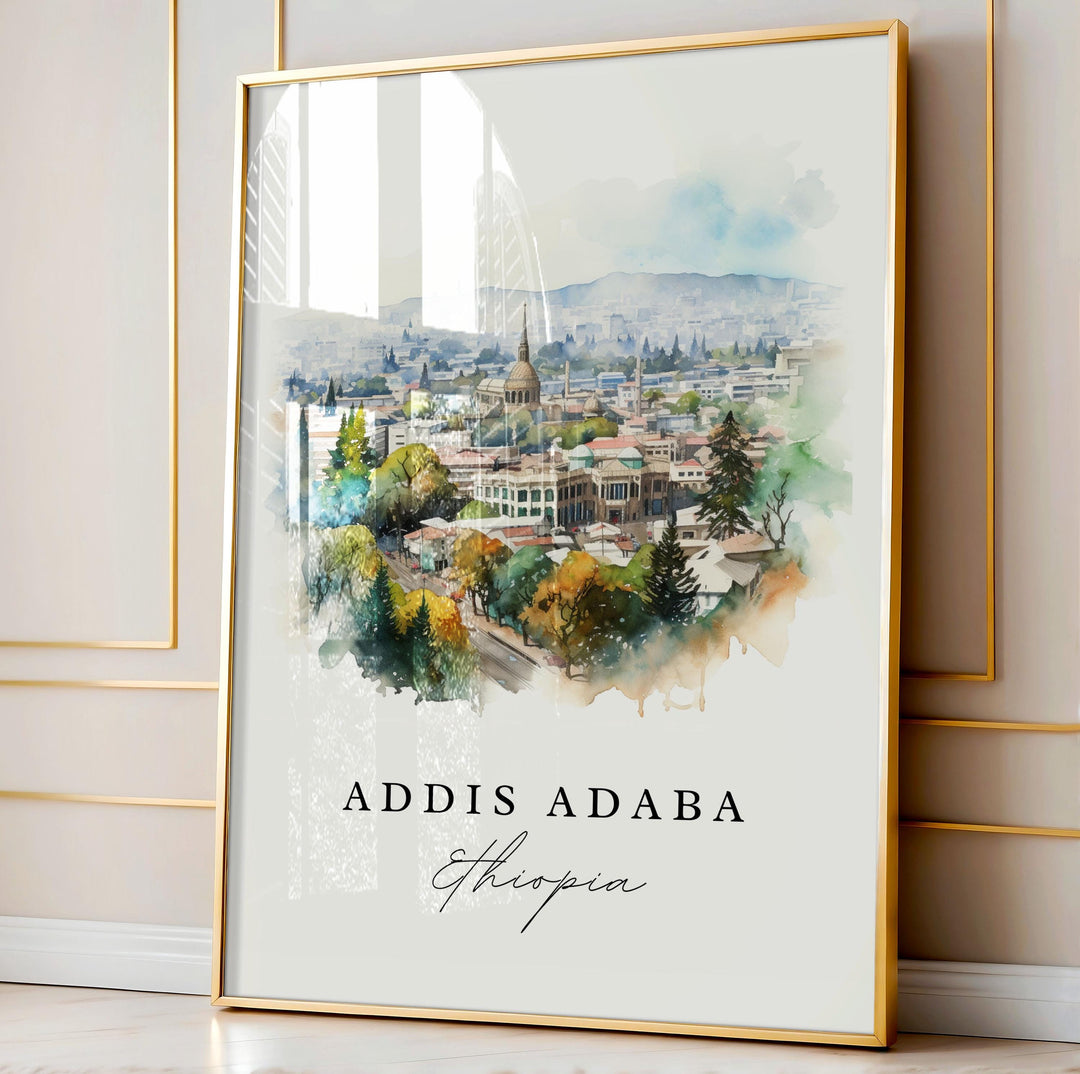 Addis Ababa watercolor travel art - Ethiopia, Addis Ababa poster, Wedding gift, Birthday present, Custom Text, Personalized Gift