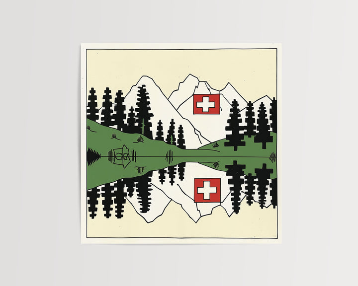Modern Switzerland Art, Switzerland Print, Unique Switzerland Art, Swiss Flag and Scenery, Travel Poster, Housewarming Gift