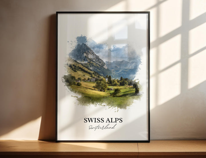 Swiss Alps Wall Art, Switzerland Print, Swiss Alps Watercolor Art, Swiss Alps Gift, Travel Print, Travel Poster, Housewarming Gift
