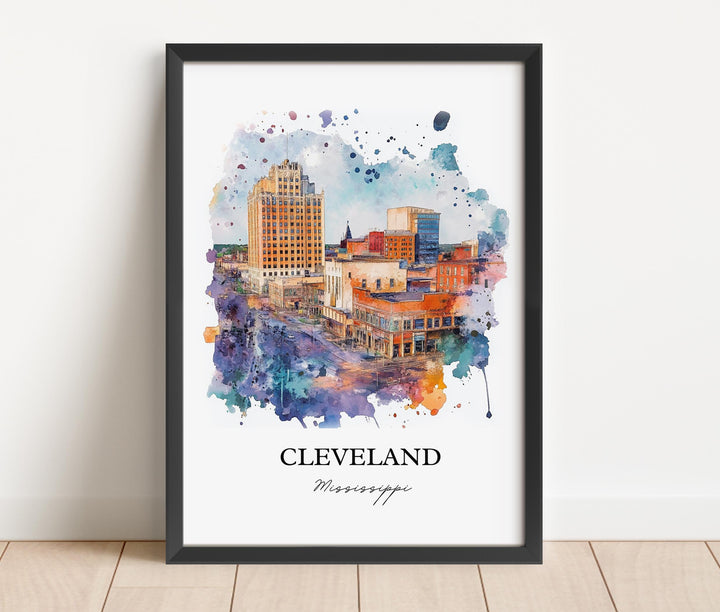 Cleveland MS Wall Art, Bolivar County Print, Mississippi Watercolor, Cleveland Miss. Gift, Travel Print, Travel Poster, Housewarming Gift