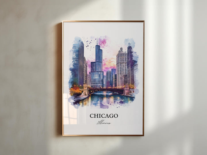Chicago Wall Art, Chicago Print, Chicago Illinois Watercolor Art, Chicago Skyline Gift, Travel Print, Travel Poster, Housewarming Gift