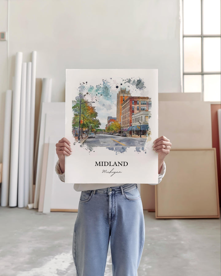 Midland Michigan Wall Art, Saginaw Print, Michigan Watercolor Art, Midland MI Gift, Travel Print, Travel Poster, Housewarming Gift