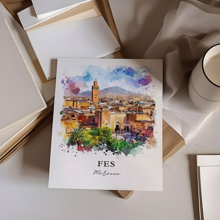 Fes Morocco Wall Art, Fes Print, Fez Watercolor Art, Fez-Meknes Region Gift, Travel Print, Travel Poster, Housewarming Gift