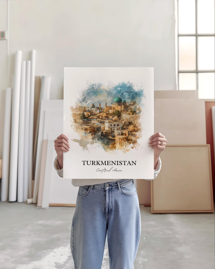 Turkmenistan Wall Art, Turkmenistan Print, Asia Watercolor Art, Turkmenistan Country Gift, Travel Print, Travel Poster, Housewarming Gift