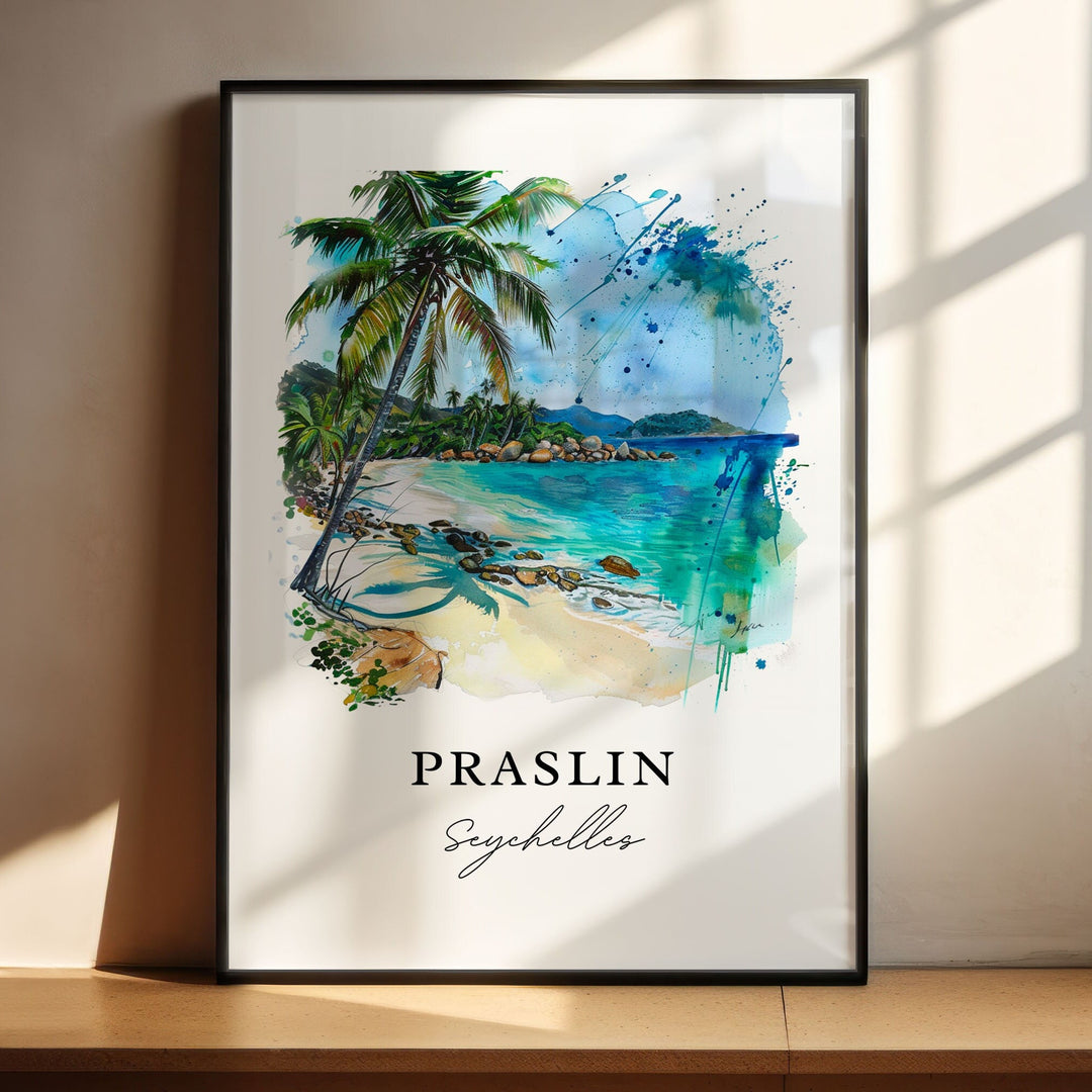 Praslin Seychelles Art, Praslin Print, Seychelles Watercolor Art, Seychelles Beach Gift,