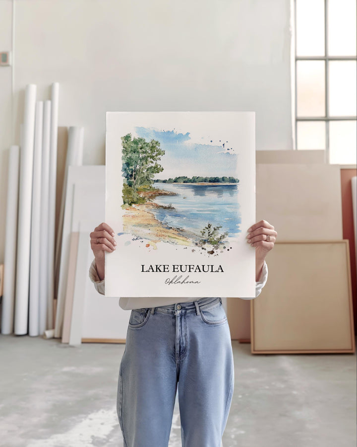 Lake Eufaula Wall Art, Eufaula Lake Print, Oklahoma Watercolor Art, Lake Eufaula Gift, Travel Print, Travel Poster, Housewarming Gift