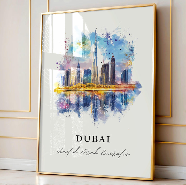 Dubai Wall Art, Dubai Skyline Print, Dubai Watercolor Art, Dubai UAE Gift, Burj Khalifa Print, Travel Poster, Housewarming Gift