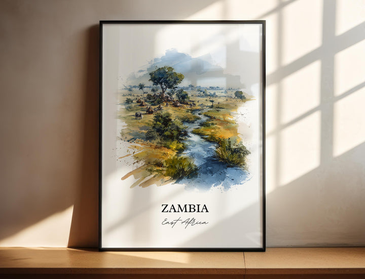 Zambia Wall Art, Zambia Print, Zambia Watercolor Art, Zambia Country Gift, Travel Print, Travel Poster, Housewarming Gift