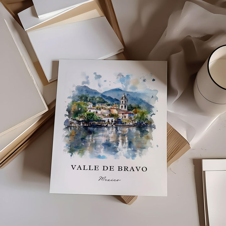 Valle De Bravo Art, Valle De Bravo Print, Valle De Bravo MX Watercolor, Lake Avándaro Gift,