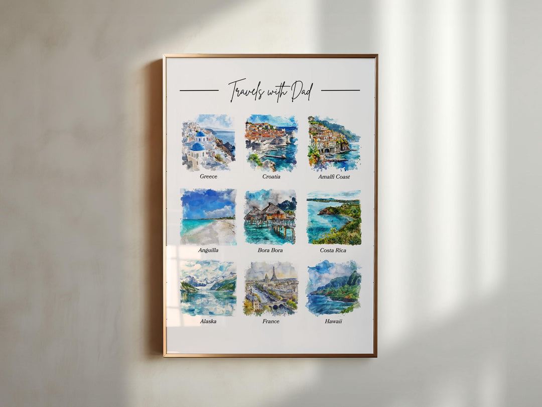 Custom Fathers Day Travel Art, Travels with Dad Art, Fathers Day Print, Travel Watercolor Art, Travels with Dad, Gift for Him, Travel Art