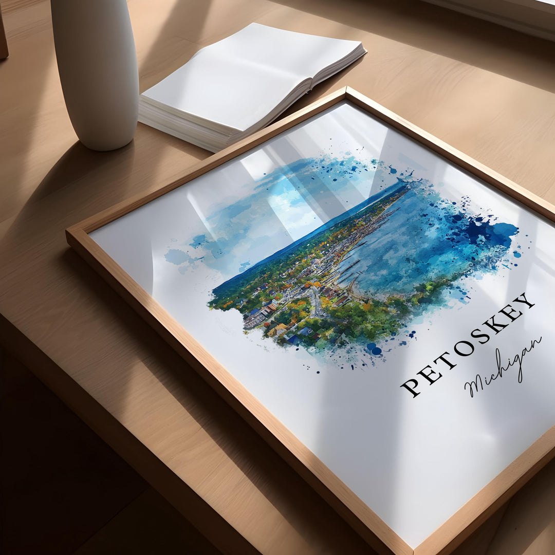 Petoskey MI Wall Art, Petoskey Print, Petoskey Michigan Watercolor Art, Emmet County Gift,