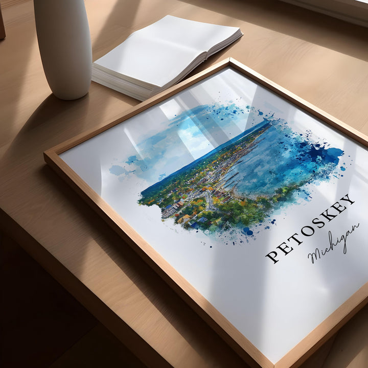 Petoskey MI Wall Art, Petoskey Print, Petoskey Michigan Watercolor Art, Emmet County Gift,