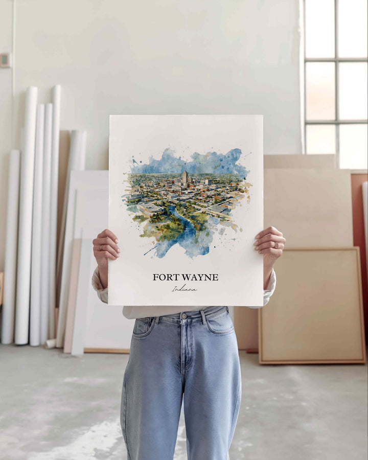 Fort Wayne Wall Art, Indiana Print, Indiana Watercolor Art, Fort Wayne Skyline Gift, Travel Print, Travel Poster, Housewarming Gift