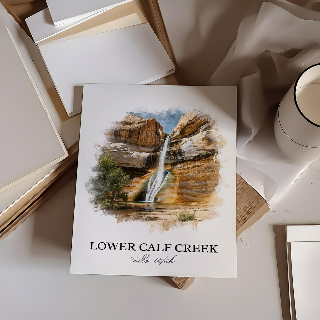Lower Calf Creek Falls Art, Utah Print, Boulder UT Watercolor Art, Lower Calf Creek Gift, Travel Print, Travel Poster, Housewarming Gift