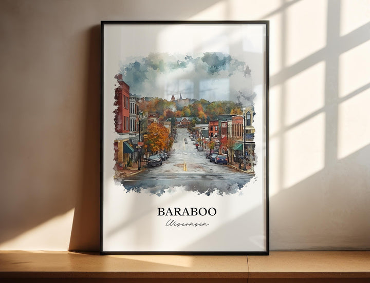 Baraboo WI Wall Art, Sauk County Print, Wisconsin Watercolor Art, Baraboo Gift, Travel Print, Travel Poster, Housewarming Gift