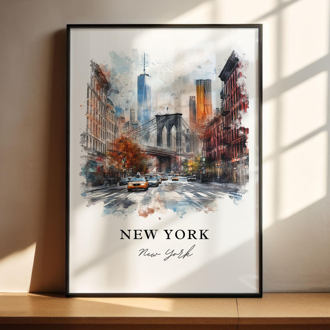 NYC Wall Art, New York City Print, Manhattan Watercolor Art, Brooklyn Bridge Gift, Manhattan Travel Print, Travel Poster, Housewarming Gift
