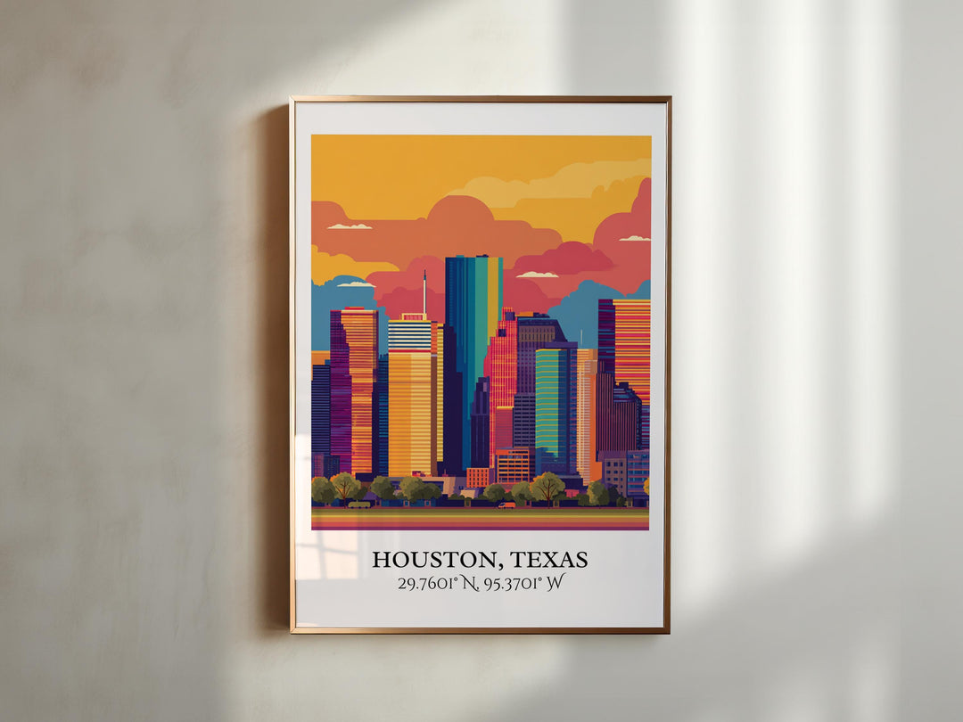 Houston Art, Houston Texas Retro Travel Art, Houston Home Decor, Houston Texas Gift, Texas Travel Art, Travel Prints, Housewarming Gift
