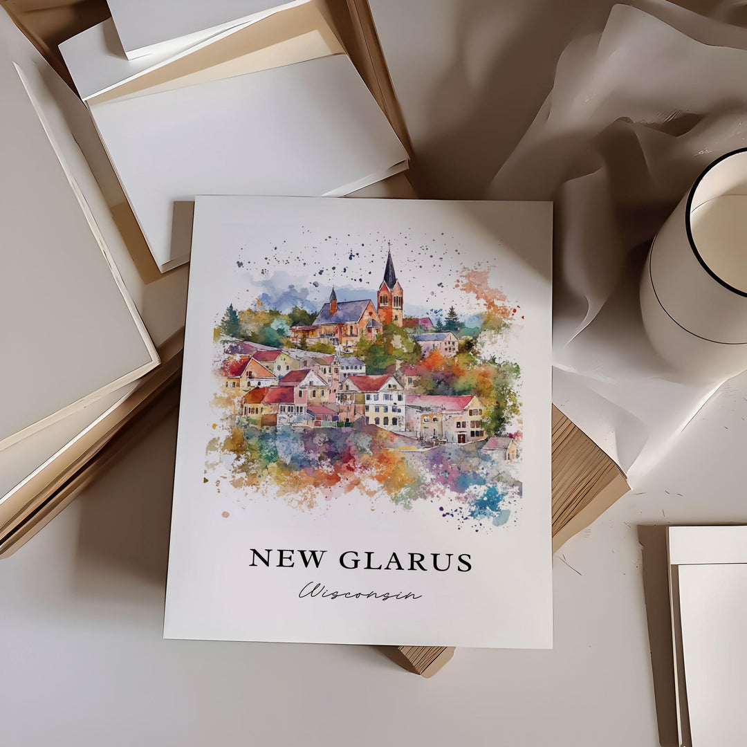 New Glarus WI Wall Art, New Glarus Print, New Glarus Watercolor Art, Green County WI Gift, Travel Poster, Housewarming Gift
