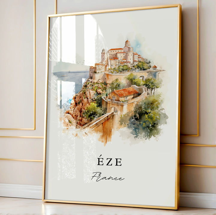 Eze traditional travel art - France, Eze poster print, Wedding gift, Birthday present, Custom Text, Perfect Gift