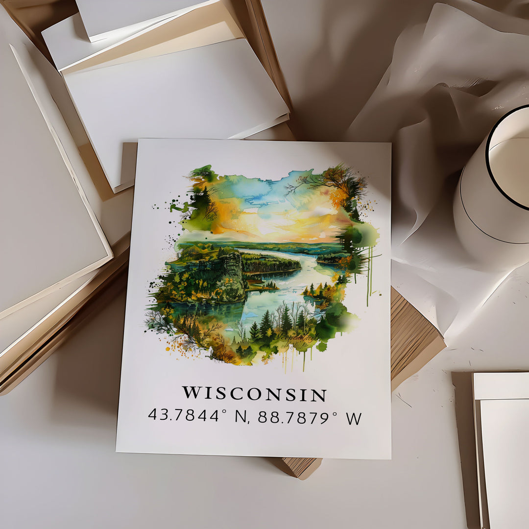 Wisconsin art - Wisconsin print with coordinates, Framed and Unframed Options - Wedding gift, Birthday present, Personalization Available