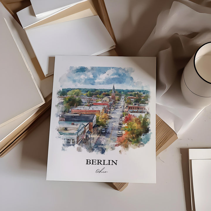 Berlin Ohio Wall Art, Holmes County OH Print, Ohio Watercolor Art, Berlin Ohio Gift, Travel Print, Travel Poster, Housewarming Gift
