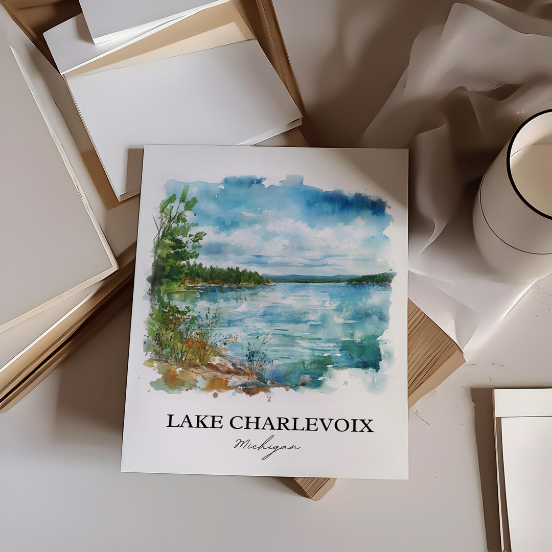 Lake Charlevoix Wall Art, Charlevoix Print, Michigan Watercolor Art, Lake Charlevoix Gift, Travel Print, Travel Poster, Housewarming Gift