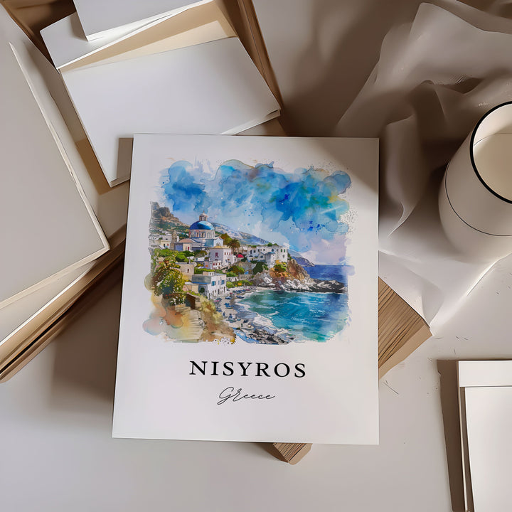 Nisyros Greece Wall Art, Nisyros Island Print, Nisyros Watercolor Art, Nisiros Greece Gift,