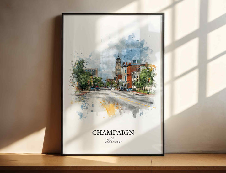 Champaign IL Wall Art, Champaign Print, Illinois Watercolor Art, Champaign Illinois Gift, Travel Print, Travel Poster, Housewarming Gift