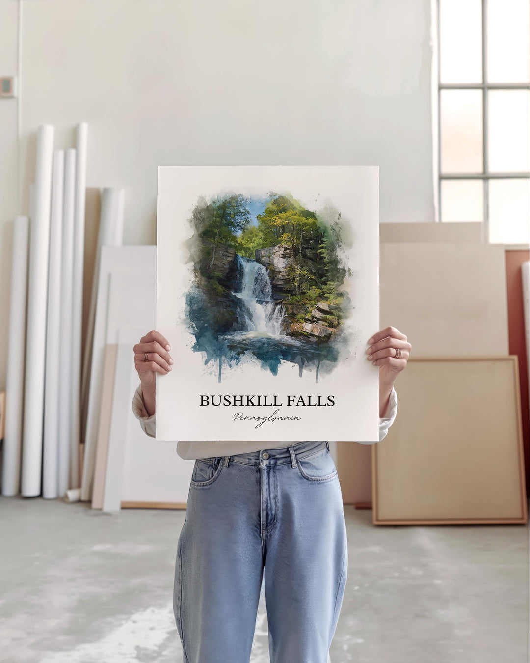 Bushkill Falls Wall Art, Bushkill Falls Print, Poconos Watercolor Art, Bushkill Falls Gift, Travel Print, Travel Poster, Housewarming Gift