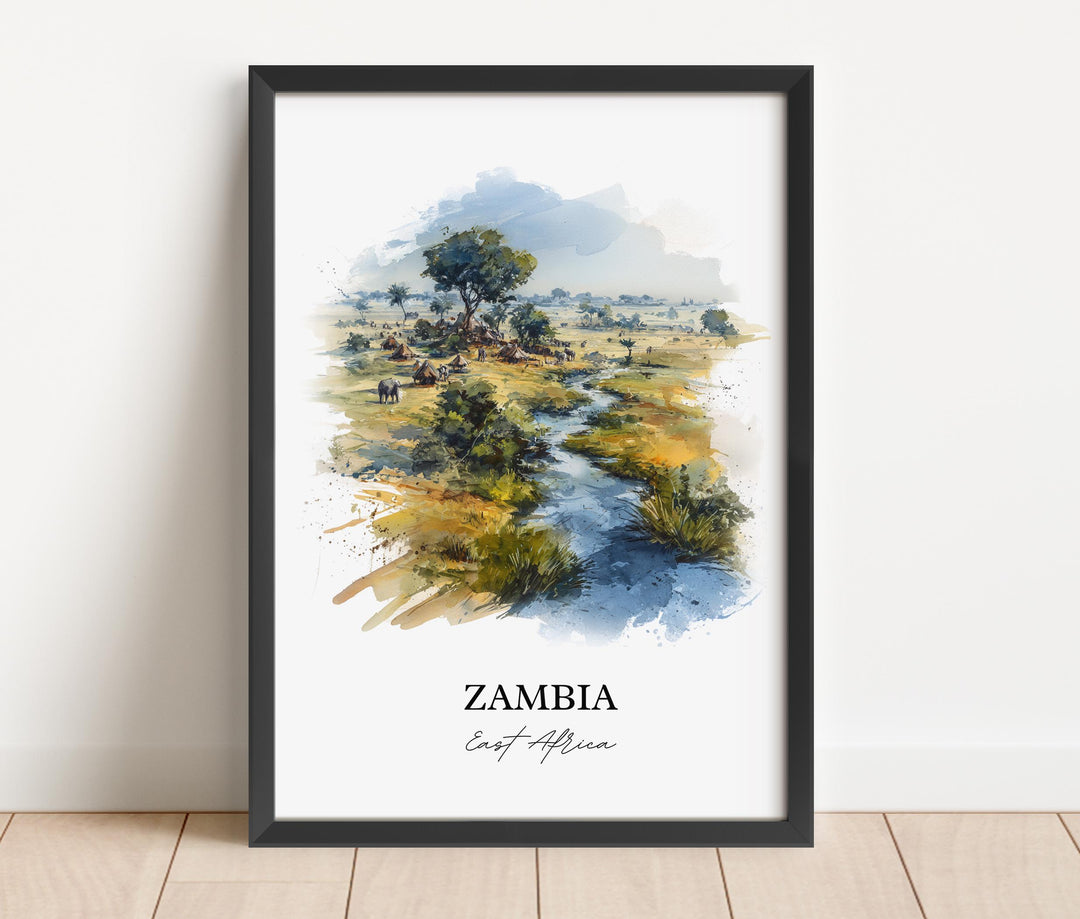Zambia Wall Art, Zambia Print, Zambia Watercolor Art, Zambia Country Gift, Travel Print, Travel Poster, Housewarming Gift