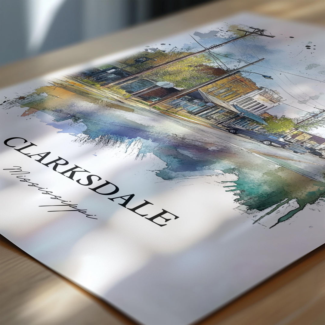 Clarksdale MS Wall Art, Clarksdale MS Print, Mississippi Watercolor Art, Clarksdale Gift, Travel Print, Travel Poster, Housewarming Gift