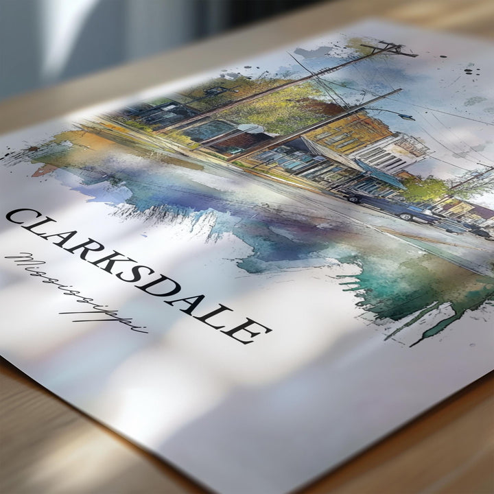Clarksdale MS Wall Art, Clarksdale MS Print, Mississippi Watercolor Art, Clarksdale Gift, Travel Print, Travel Poster, Housewarming Gift