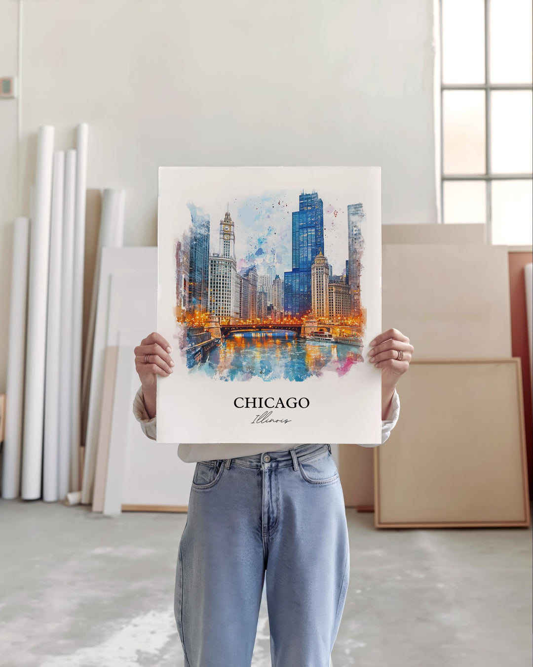 Chicago IL Wall Art, Chicago Skyline Print, Chicago River Watercolor Art, Chicago Gift, Travel Print, Travel Poster, Housewarming Gift