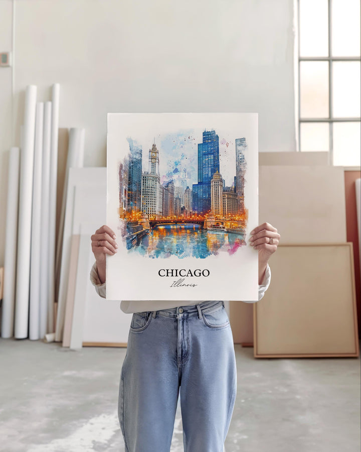 Chicago IL Wall Art, Chicago Skyline Print, Chicago River Watercolor Art, Chicago Gift, Travel Print, Travel Poster, Housewarming Gift