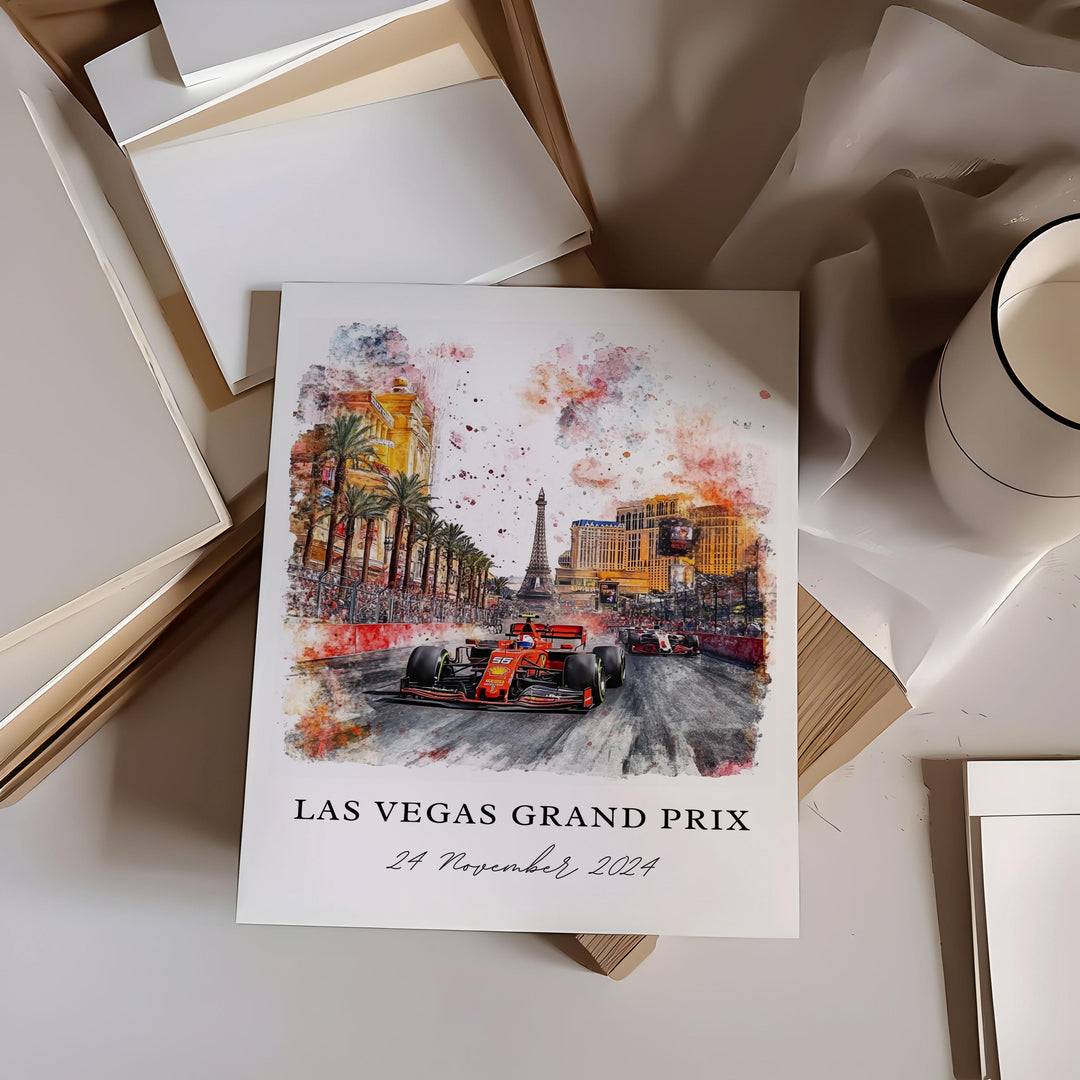 Vegas F1 Wall Art, Las Vegas Grand Prix Print, F1 Vegas Watercolor Art, F1 Vegas Strip Gift,