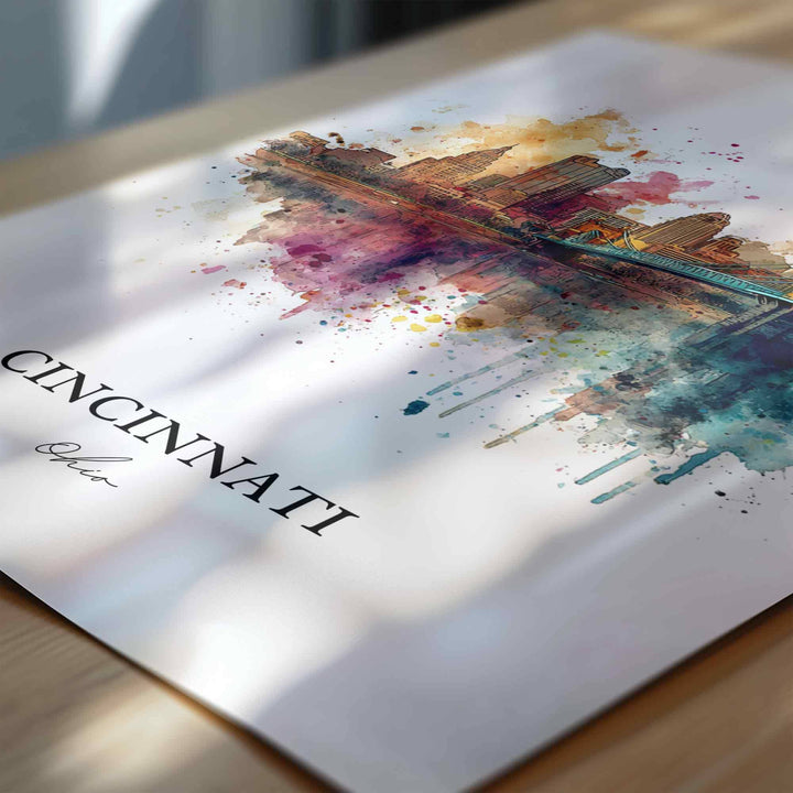 Cincinnati OH Wall Art, Cincinnati Print, Cincinnati Watercolor Art, Cincinnati Skyline Gift, Travel Print, Travel Poster, Housewarming Gift