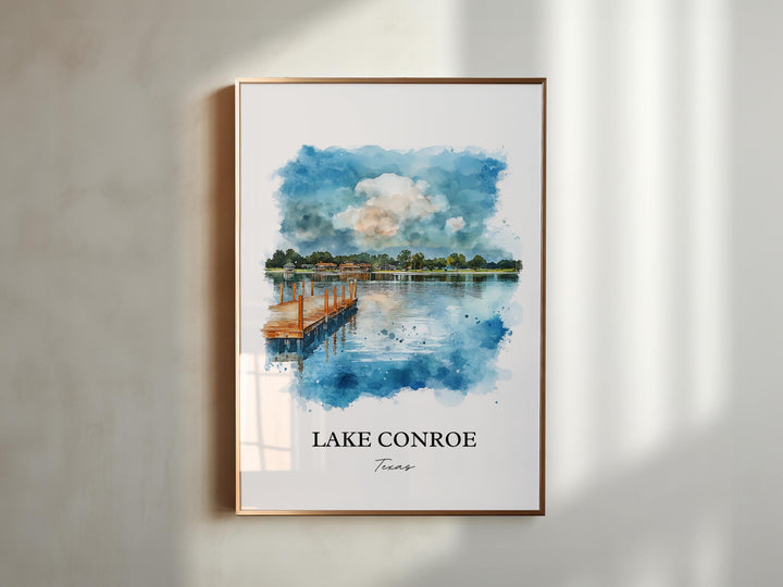 Lake Conroe Wall Art, Montgomery County Print, Texas Watercolor Art, Lake Conroe TX Gift, Travel Print, Travel Poster, Housewarming Gift