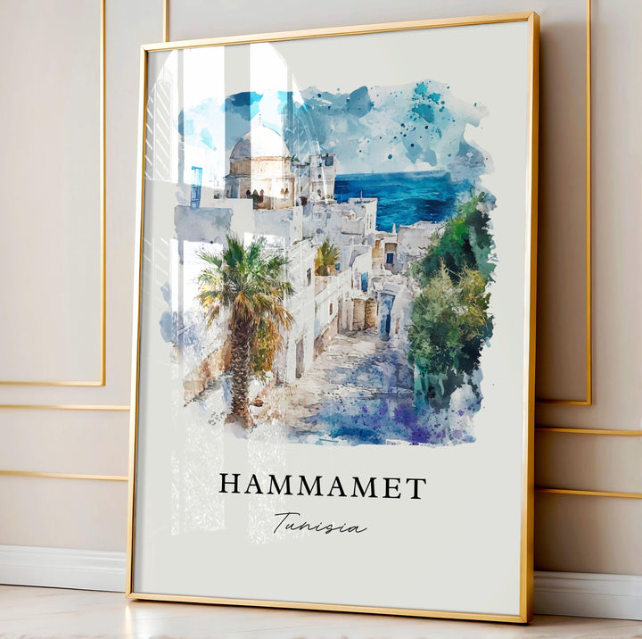 Hammamet Wall Art, Hammamet Print, Cape Bon Tunisia Watercolor Art, Nabeul Tunisia Gift,