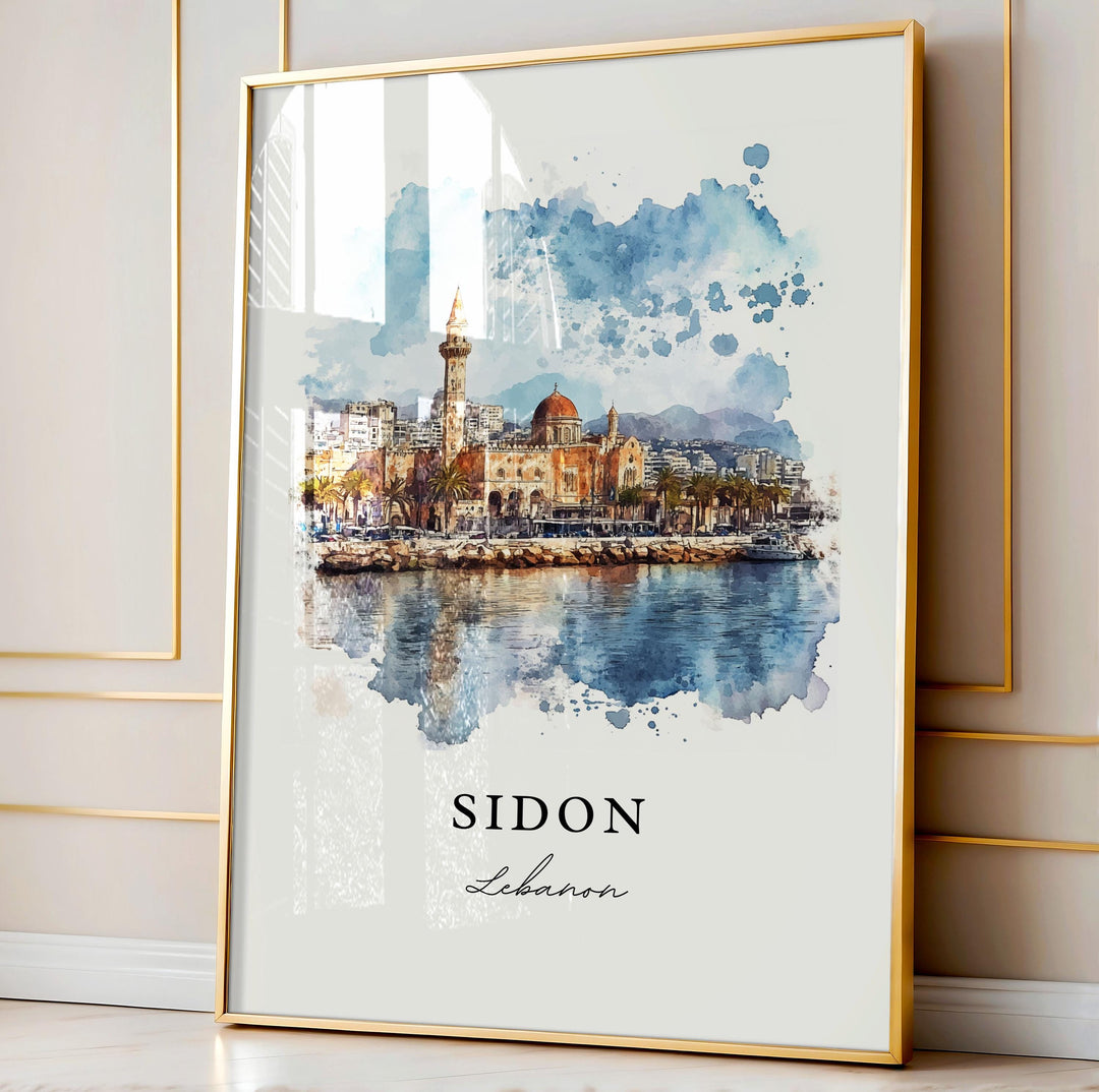 Sidon Wall Art, Sidon Print, Sidon Watercolor Art, Sidon Lebanon Gift, Travel Print, Saida Travel Poster, Housewarming Gift