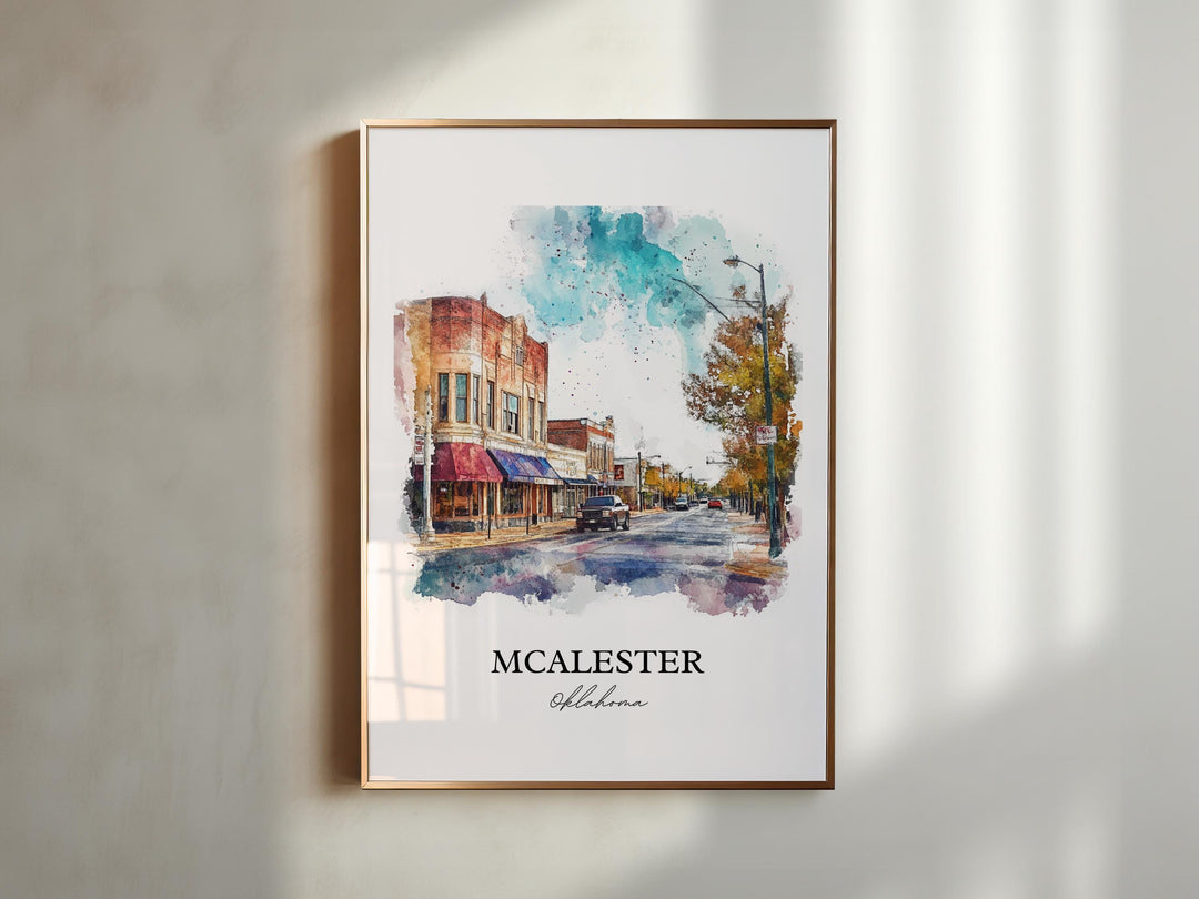 McAlester OK Wall Art, Pittsburg County OK Print, Oklahoma Watercolor Art, MCalester OK Gift, Travel Print, Travel Poster, Housewarming Gift