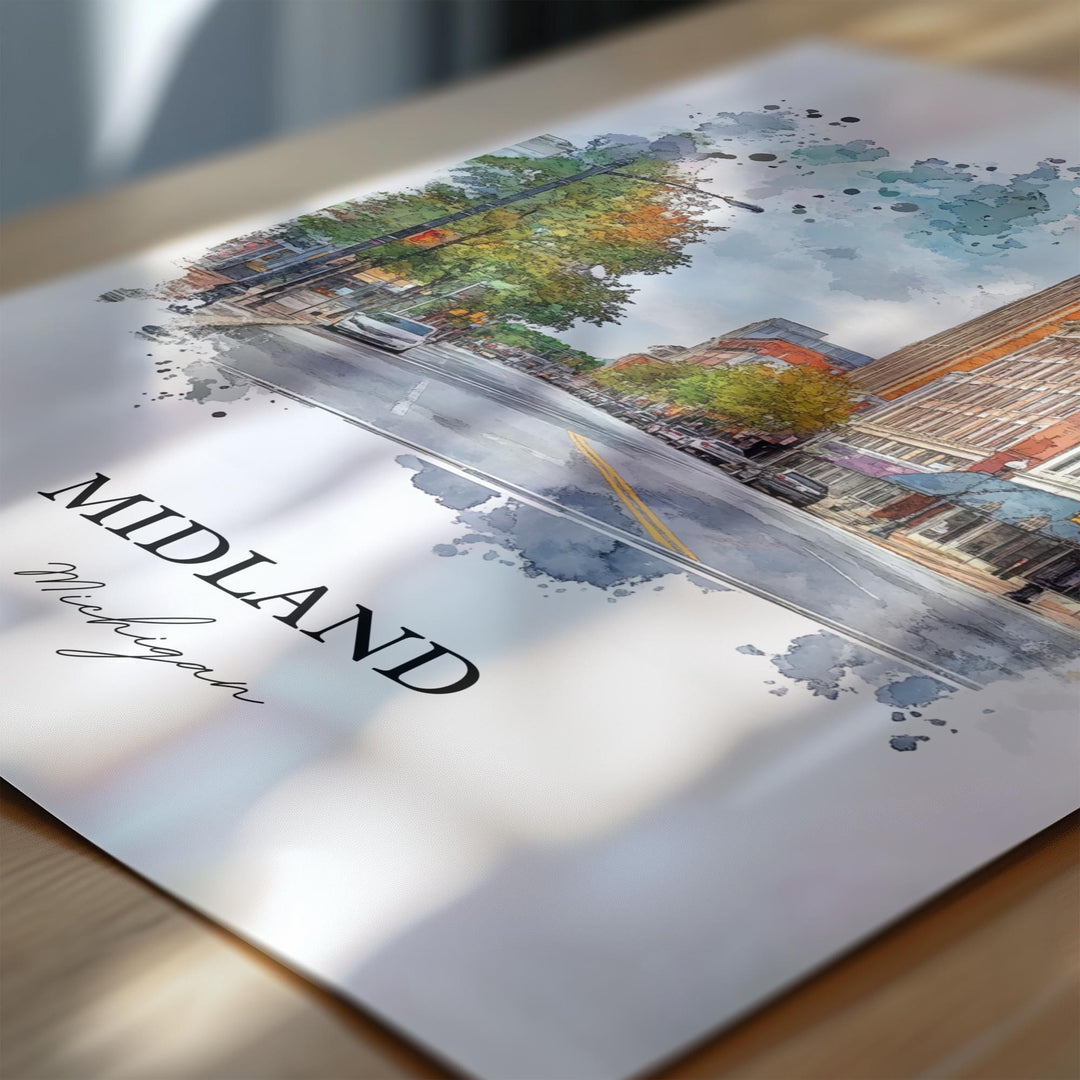 Midland Michigan Wall Art, Saginaw Print, Michigan Watercolor Art, Midland MI Gift, Travel Print, Travel Poster, Housewarming Gift