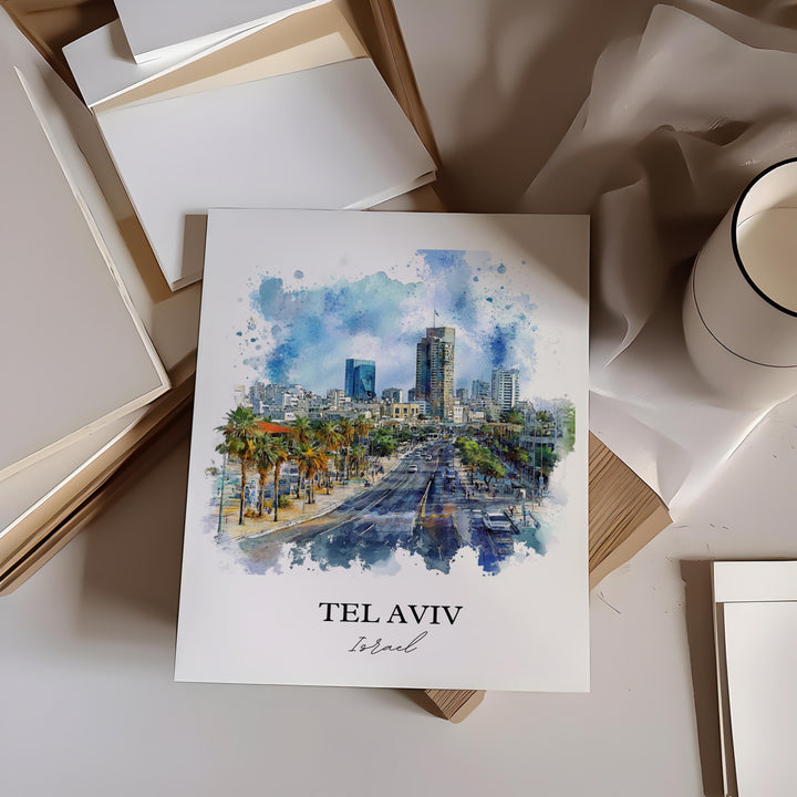 Tel Aviv Wall Art, Tel Aviv Skyline Print, Israel Watercolor Art, Tel Aviv Gift, Travel Print, Travel Poster, Housewarming Gift